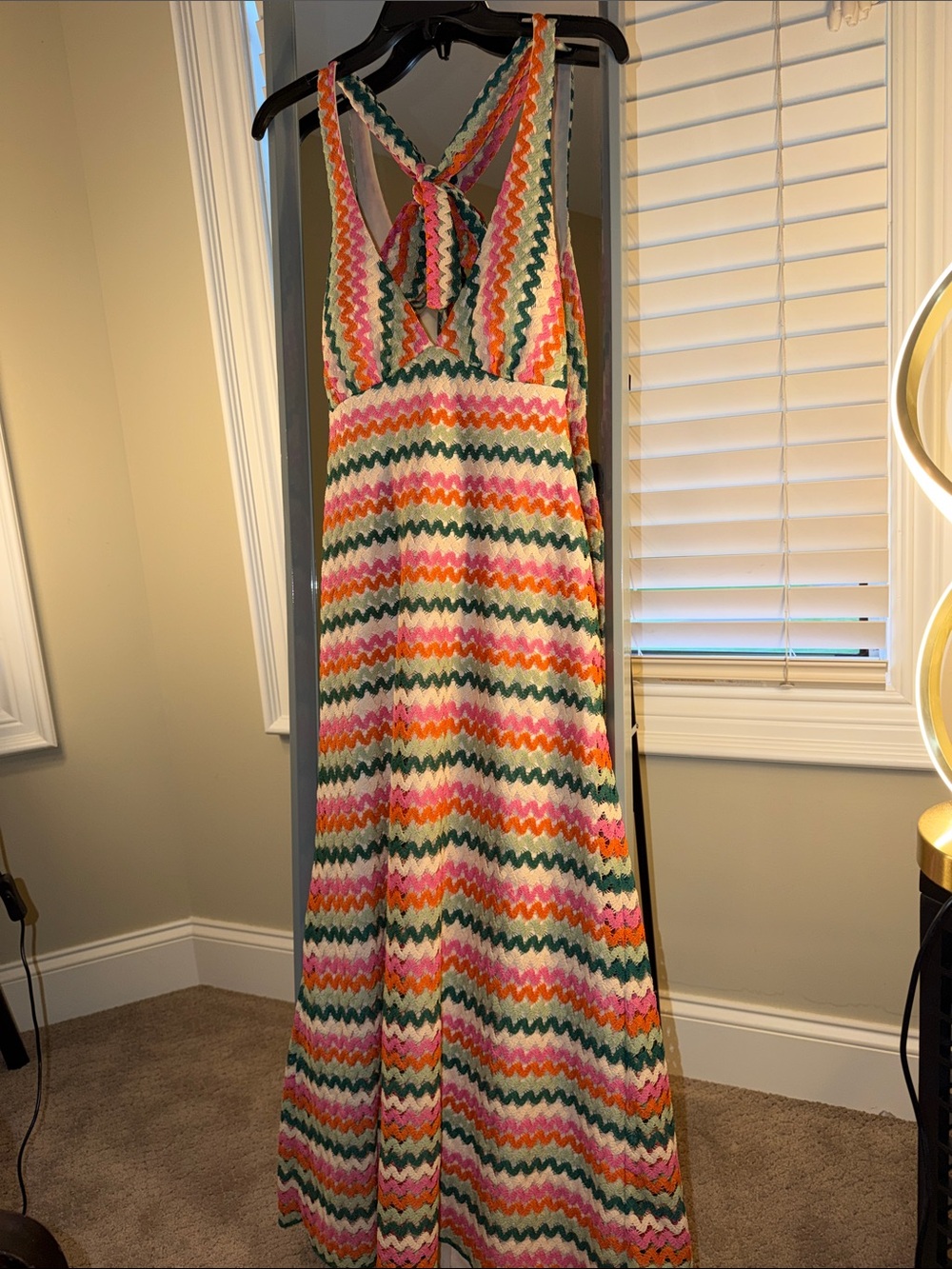Sleeveless Multicolor Chevron Maxi Dress with Tie-Back
